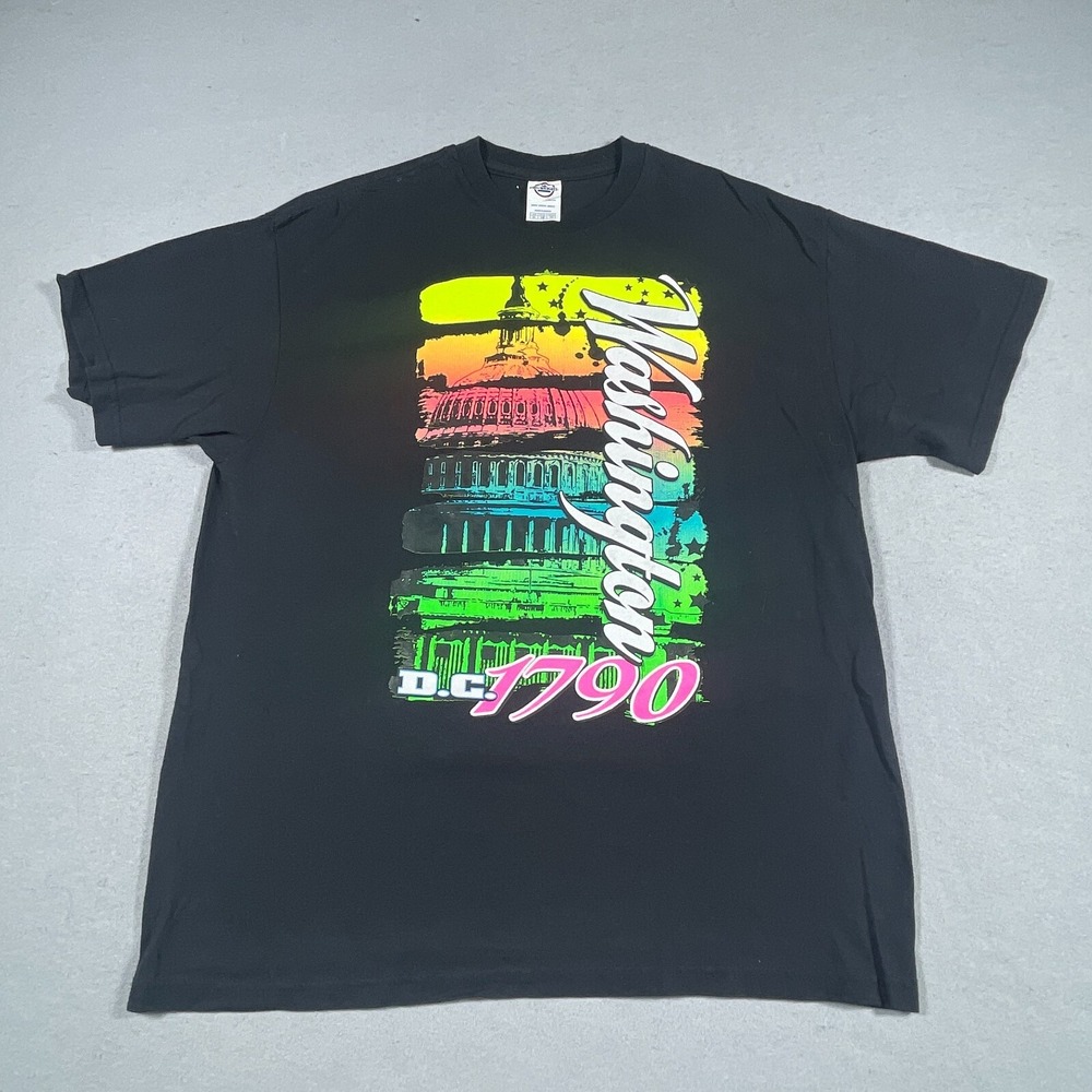 VTG Washington DC Shirt Men XL Black Short Sleeve Neon Screen‎ Print Y2K